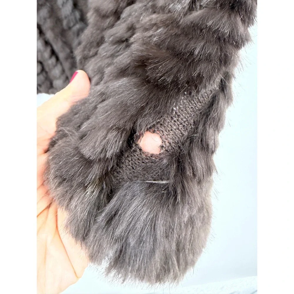 Solnex Knit Rabbit Fur Poncho Wrap Women One Size Brown Luxury Glam Accessory